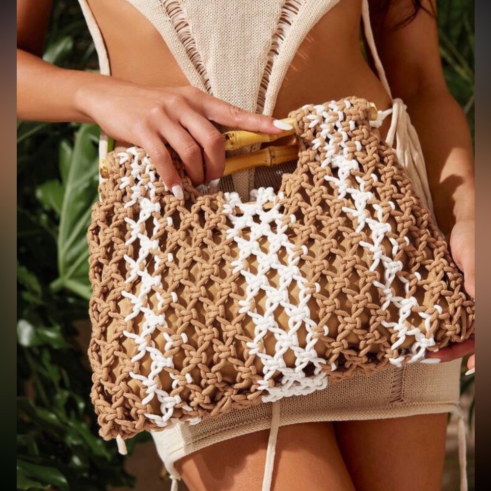 Stylish Tan and White Woven Bag